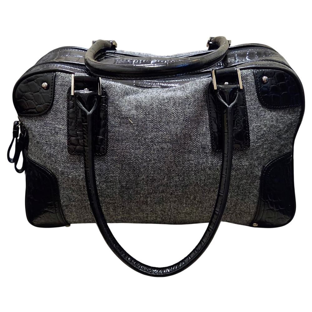 Talbots Vintage Grey Tweed Glossy Black Faux-Crocodile Trim Satchel Dbl Handles